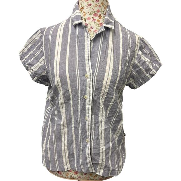 🪻 Eddie Bauer M Linen Blend Blue White Striped Button Shirt - Picture 1 of 4